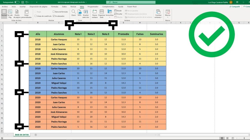 Datos agrupados en filas y columnas en Excel