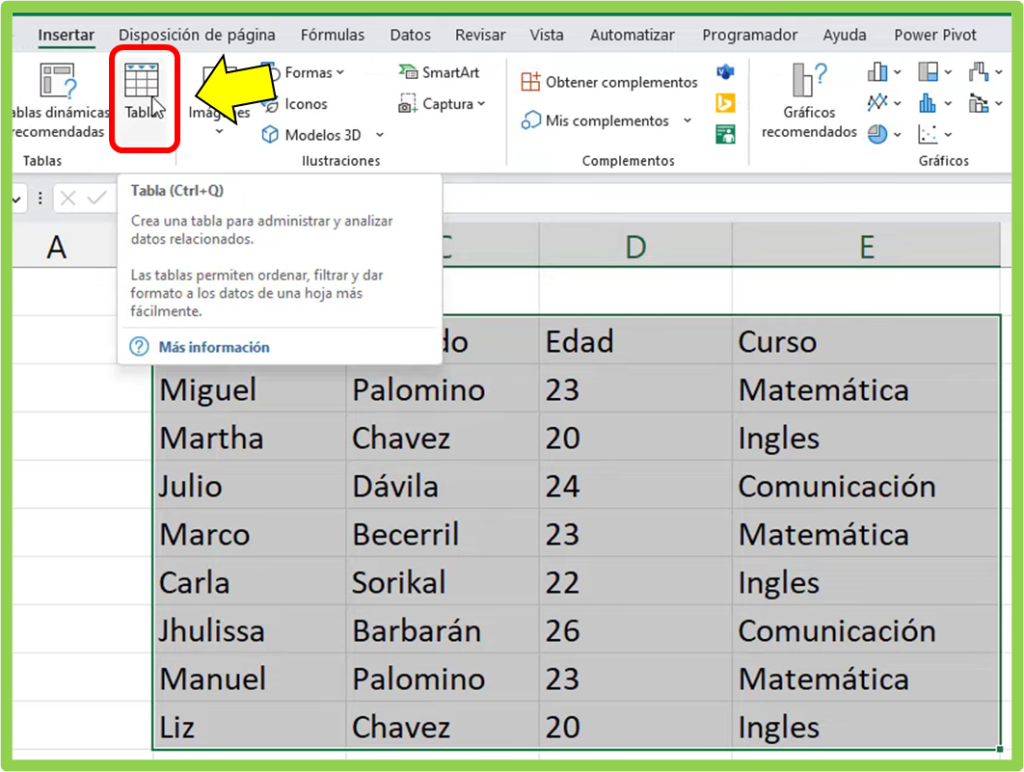 Crear tabla en Excel
