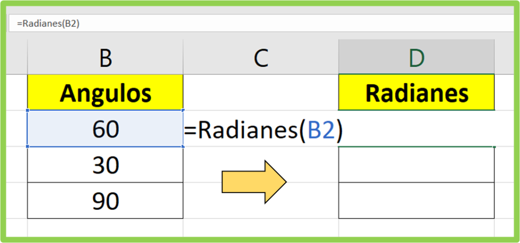 convertir de ángulos a radianes en Excel