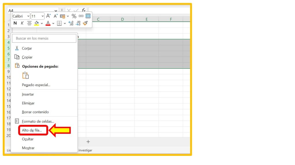 Opcion alto de fila en Excel 
