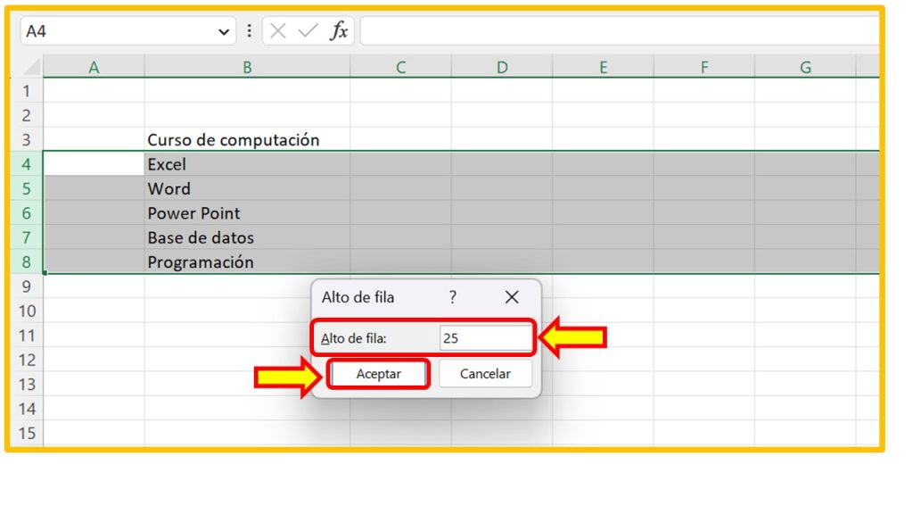 Casilla alto de fila en Excel 