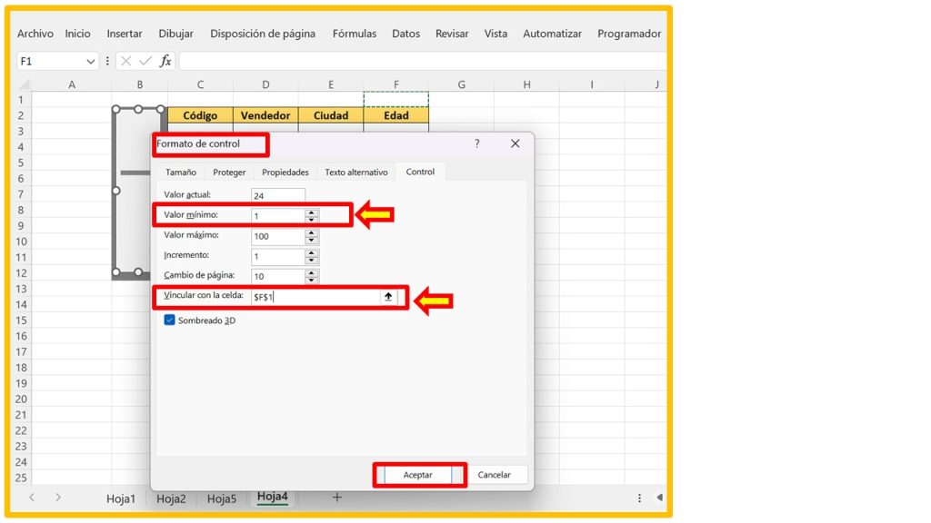 Opcion formato de control en Excel 